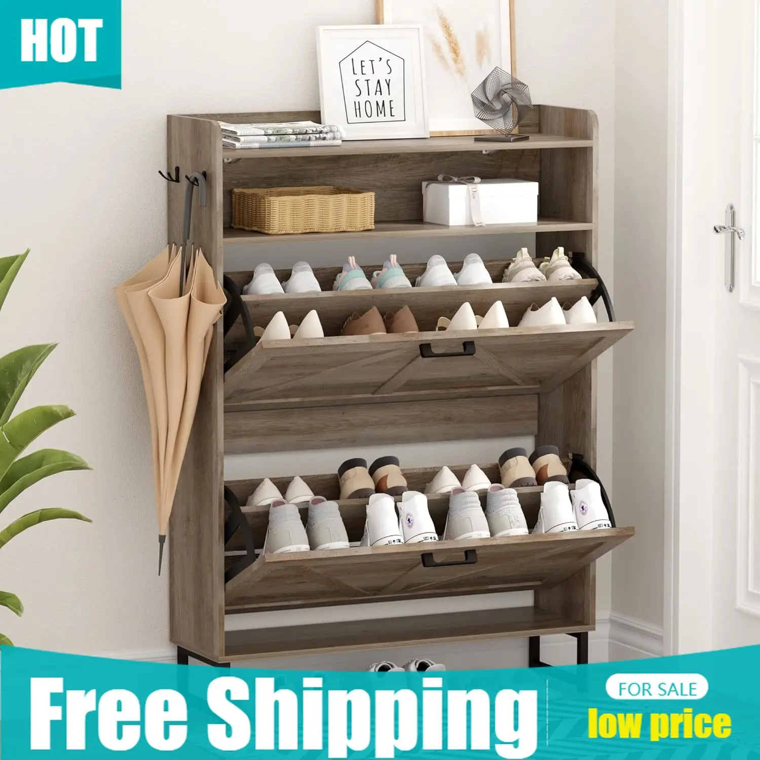 Shoe Rack Cabinet Narrow Entryway - Mobiletto per Scarpe con 2 Cassetti