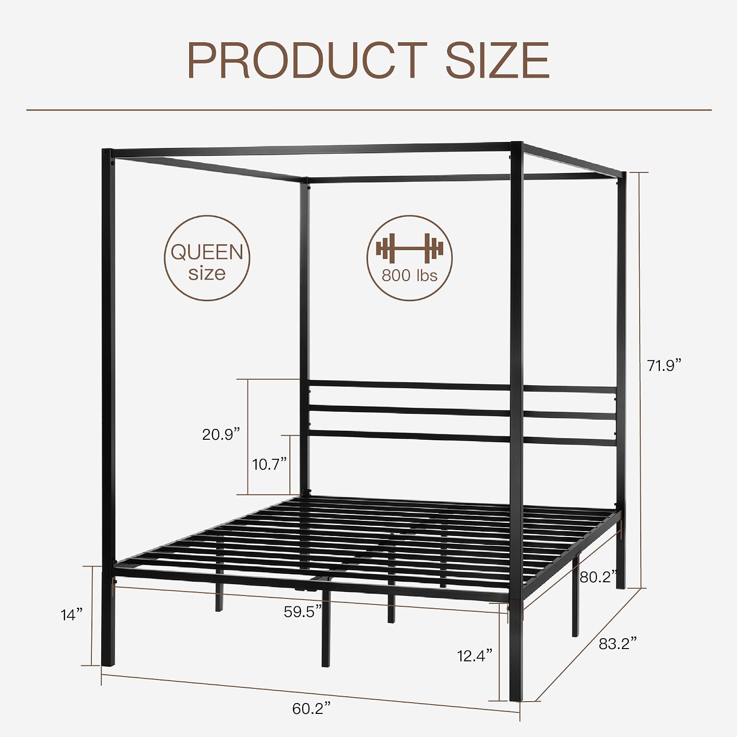 Canopy Bed Frame Metal Queen - Struttura per letto a baldacchino in